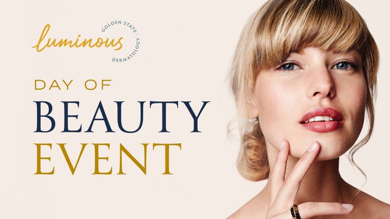 Luminous by Golden State Dermatology — Day of Beauty Event. A woman with blonde hair rests her fingertips against her chin.