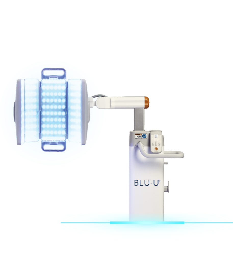 A BLU-U blue light therapy unit with its lamp panel lit