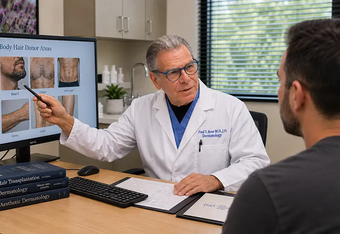 Dr. Paul Rose discussing hair transplant donor areas with a patient