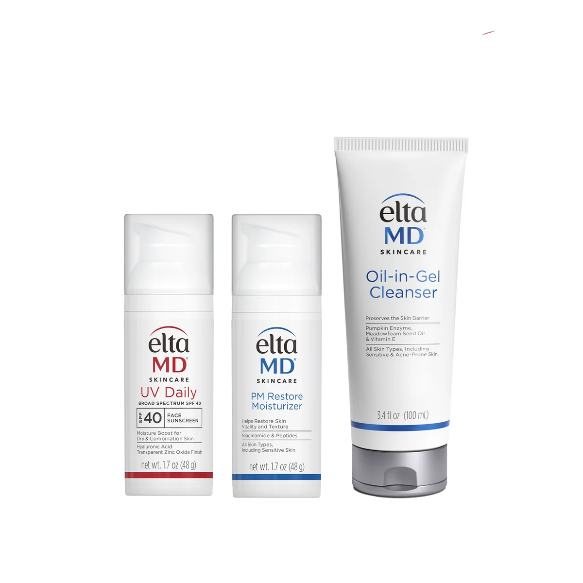 EltaMD products: UV Daily broad spectrum SPF 40 sunscreen, PM Restore moisturizer and Oil-in-Gel Cleanser