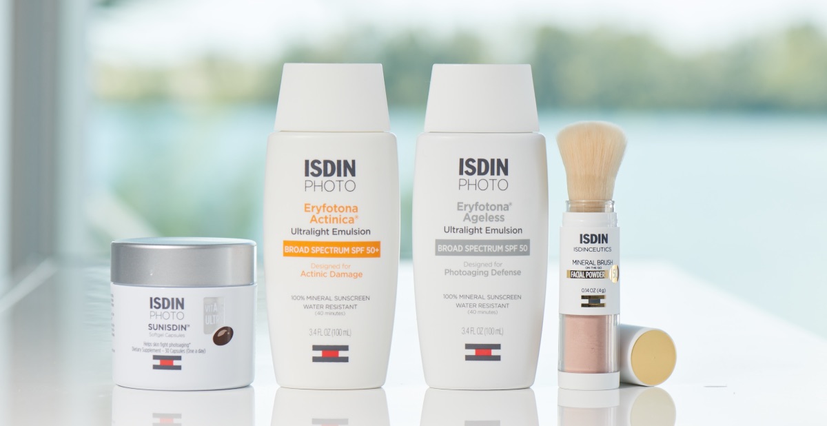 ISDIN products: Eryfotona Actinica and Eryfotona Ageless mineral sunscreens, SunISDIN softgels and an Isdinceutics mineral brush