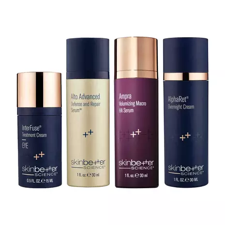 Skinbetter Science products: InterFuse eye treatment cream, Alto Advanced defense and repair serum, Ampra volumizing serum and AlphaRet overnight cream